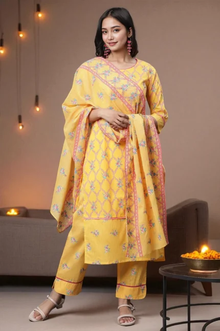 Yellow Floral Printed Cotton Dupatta