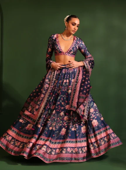 Cupro Satin Printed Jhanak Navy Lehenga