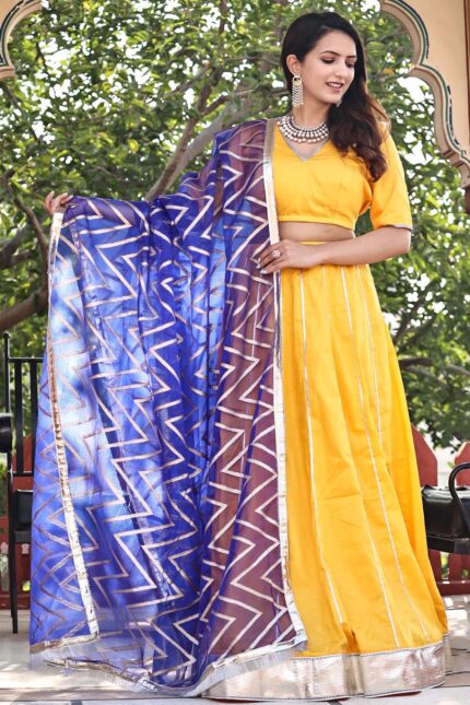 Yellow Cotton Silk Gota Work Kalidar Flared Lehenga Set