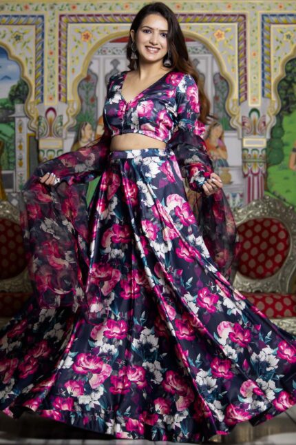 Black Satin Floral Printed Flared Lehenga Set