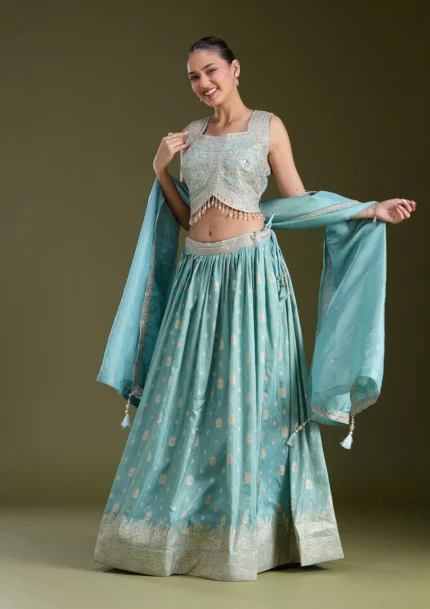 Sky Blue Sequins Banarasi Readymade Lehenga