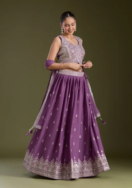 Lavender Zariwork (Silver) Soft Raw Silk Readymade Lehenga