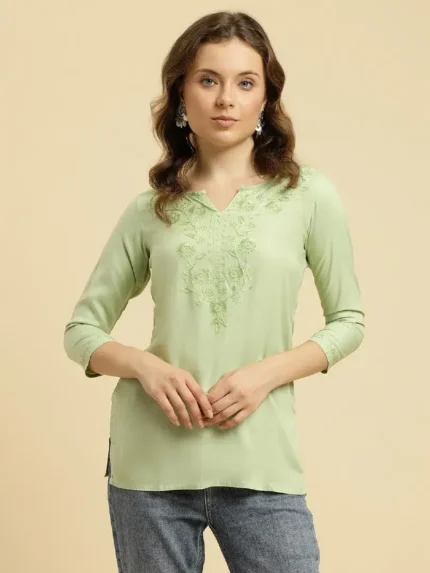 Pista Green Kashmiri Silk Work Short Kurti