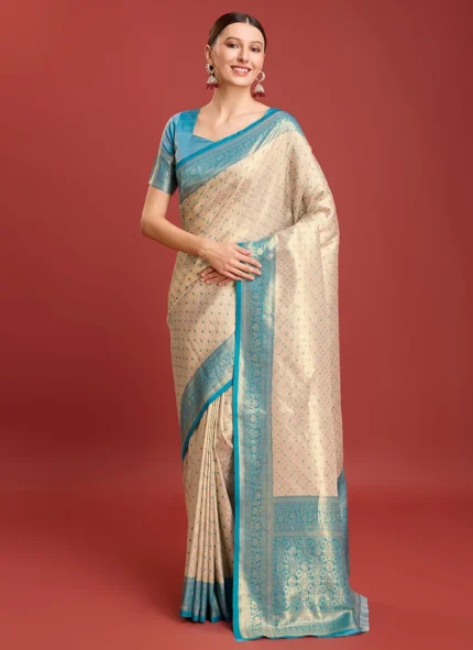 Kanchipuram Silk Zari Woven Traditional Saree With Contrast Sky Blue Blouse Festive Wear