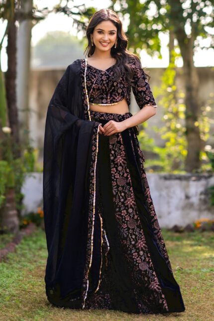 Black Velvet Sequins Embroidered Lehenga Set