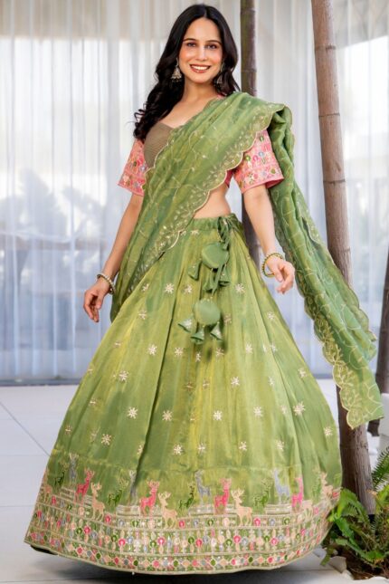 Green Tissue Floral Embroidered Lehenga Set