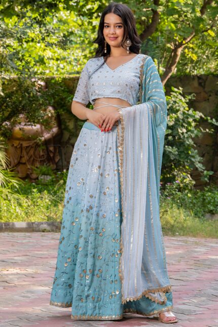 Ocean Blue Georgette Embellished Kalidar Lehenga Set