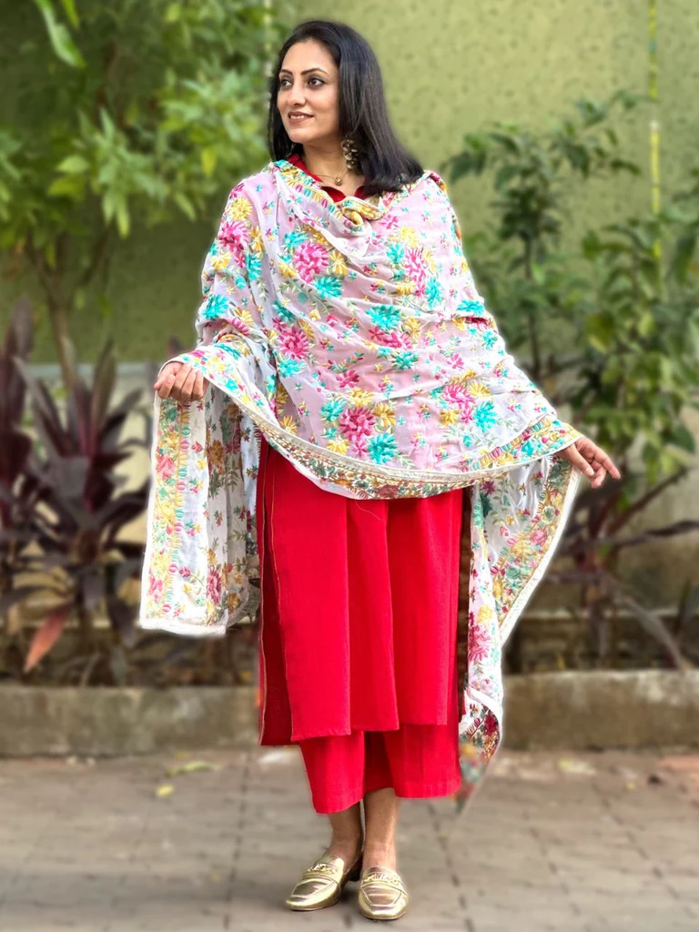 Floral Embroidered White & Multi Georgette Dupatta - Image 4