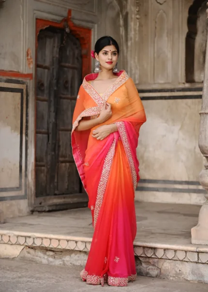 Orange Multiheaded Beauty Pageant Chiffon Saree