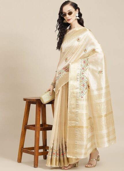 Assam Cotton Silk Thread Embroidered Work Temple Contrast Border Saree Festive Wear