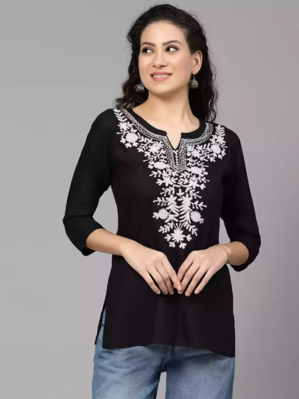 Black Kashmiri Embroidered Short Kurti