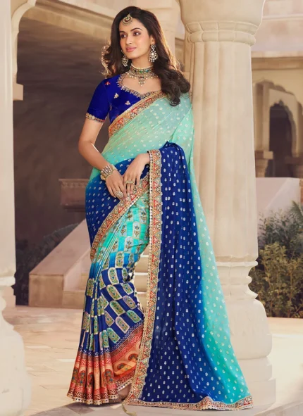 Blue Viscose Chanderi Silk Embroidered N Zari Work Saree Party Wear