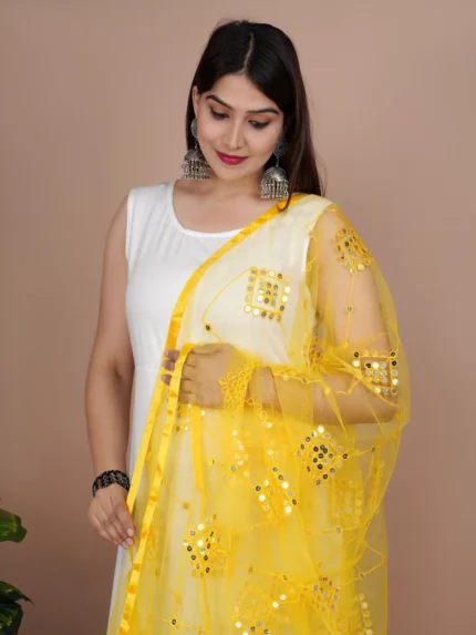 Indian Bollywood Solid Designer Net Sequence Dupatta, Scarf, Shawl, Chunni Latest Wedding Women Dupatta with Matching Lace, Gift for Her