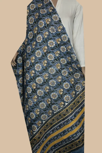 Deep Blue with Florals Block Printed Mul Cotton Dupatta
