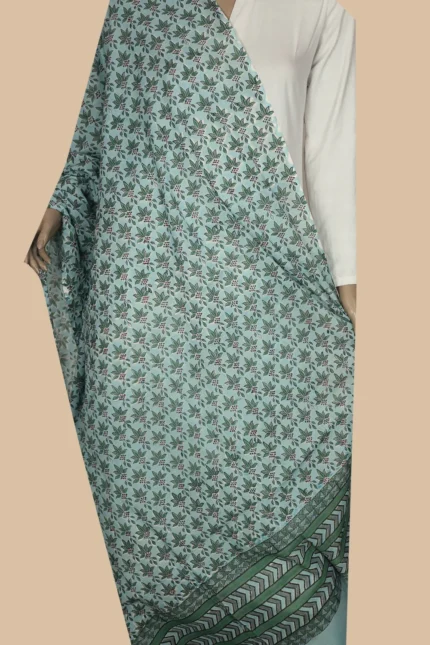 Green Florets on Blue Block Printed Mul Cotton Dupatta