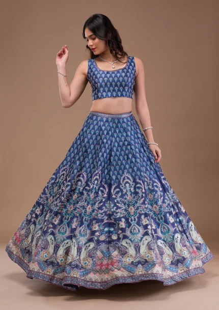 Navy Blue Swaroski Banarasi Readymade Lehenga Set