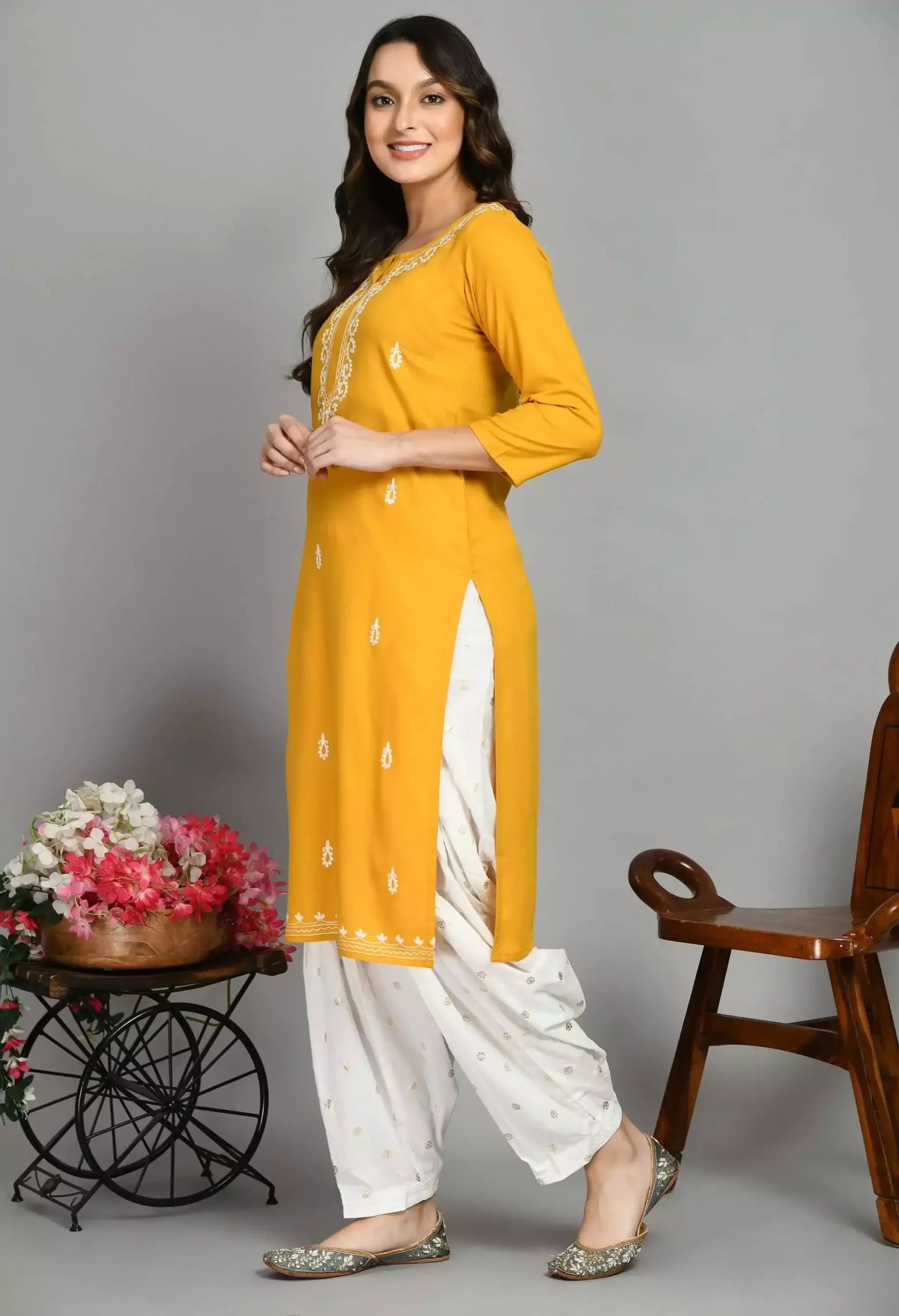 Mustard Colored Pashmina Work Kurti - Image 6