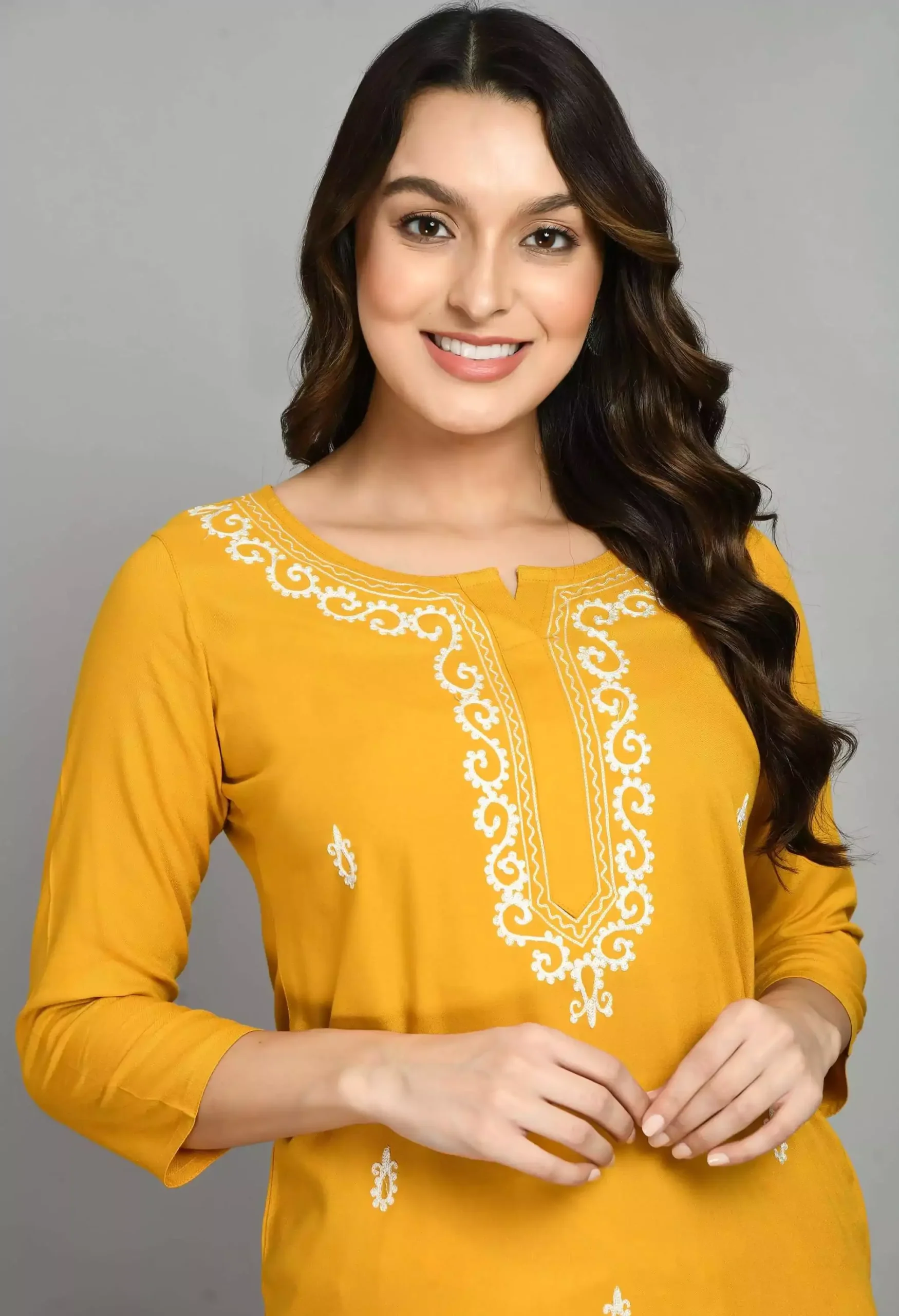 Mustard Colored Pashmina Work Kurti - Image 2