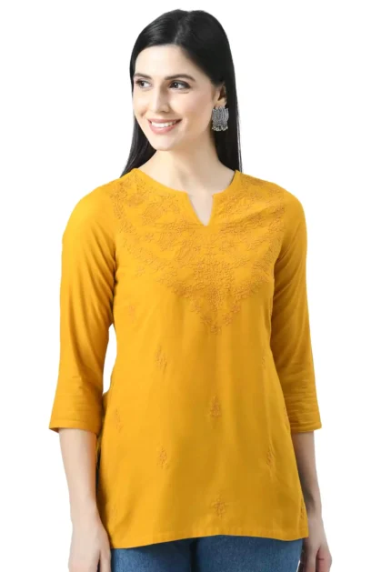 Mustard Self Chikankari Short Kurti