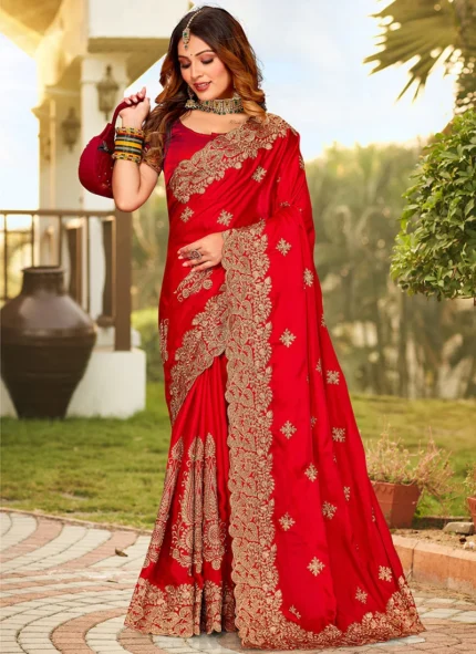 Red Satin Blend Embroidered Saree Party Wear