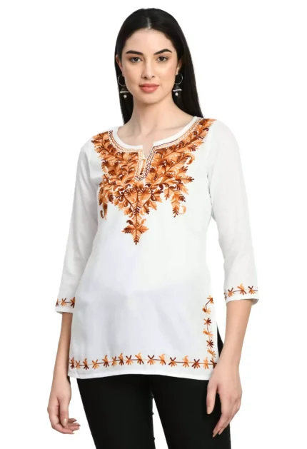 White Kashmiri Embroidered Short Kurti