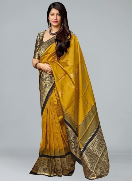 Stunning Mustard Banarasi Silk Saree Festive Wear