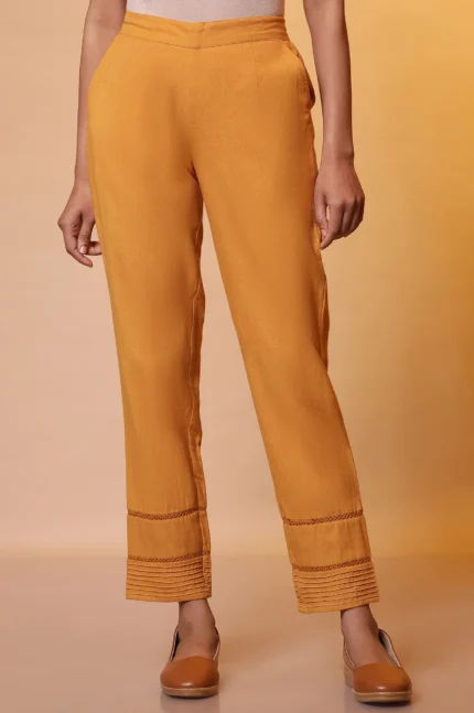 Mustard Lace Insert Pintuck Trousers