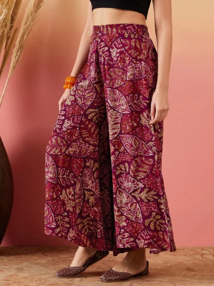 Wine Maroon Printed Leaf Print Foil Palazzo