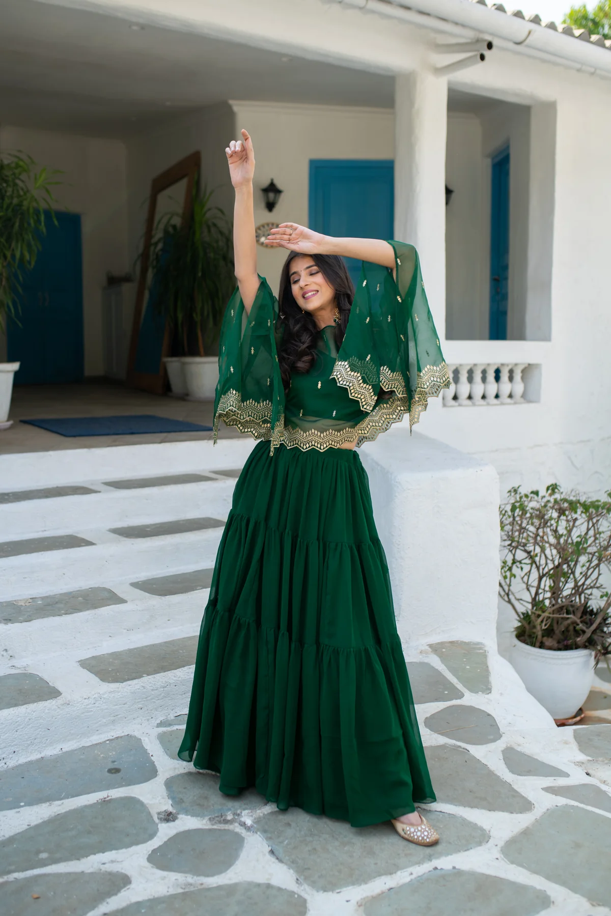 Bottle Green Cape Lehenga Choli - Image 5