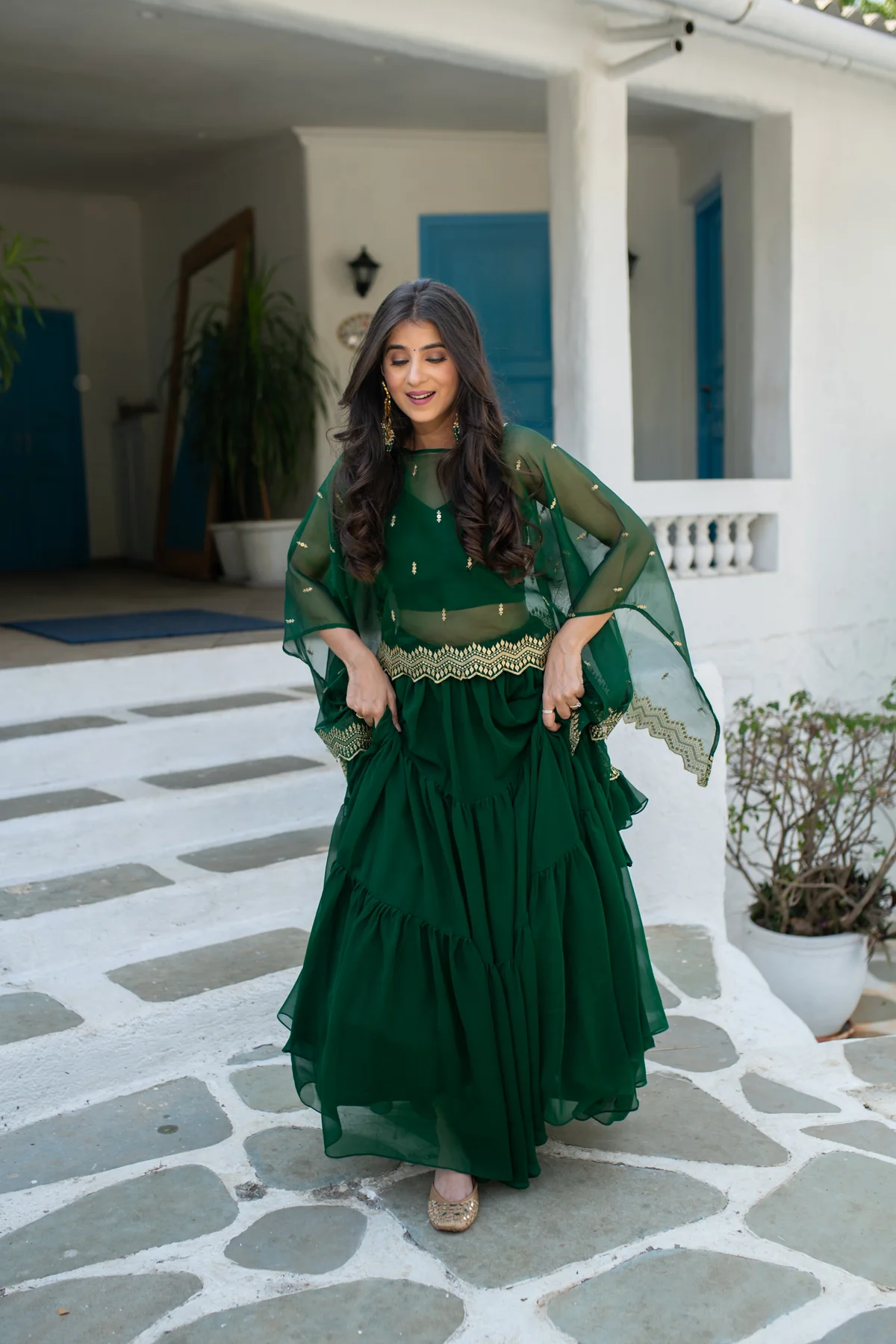 Bottle Green Cape Lehenga Choli - Image 6