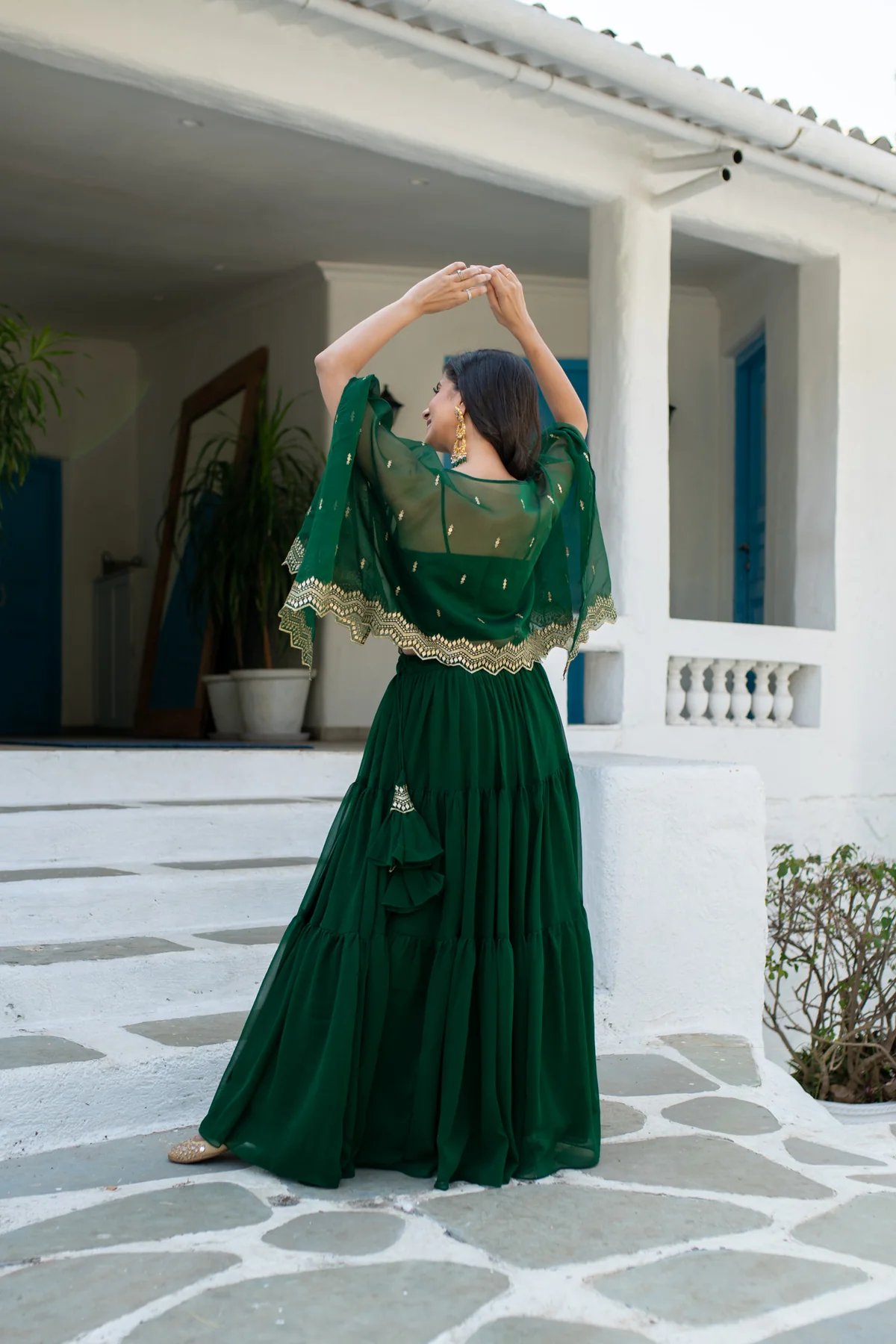 Bottle Green Cape Lehenga Choli - Image 9