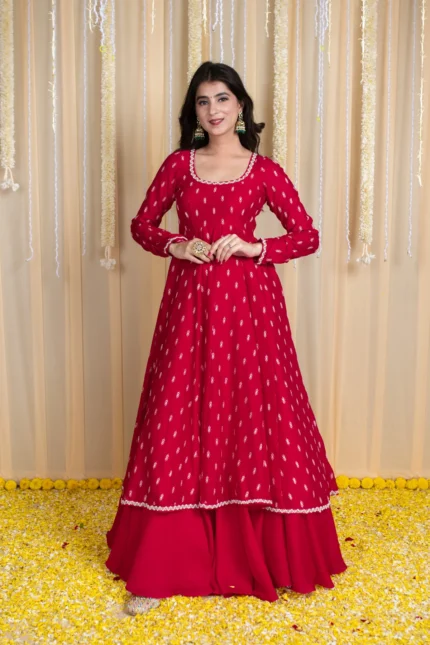 Red Anarkali Lehenga Set with Rubber Foil Detailing
