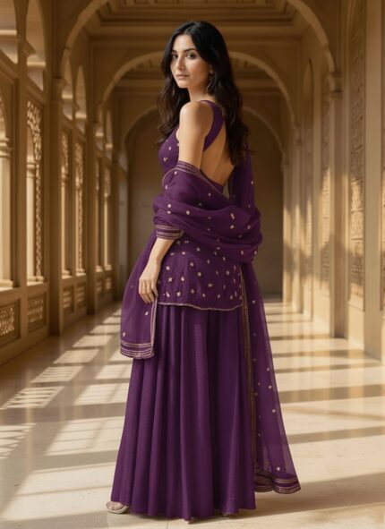Purple Organza Sequins Moti Hand Embroidered Palazzo Suit Festive Wear